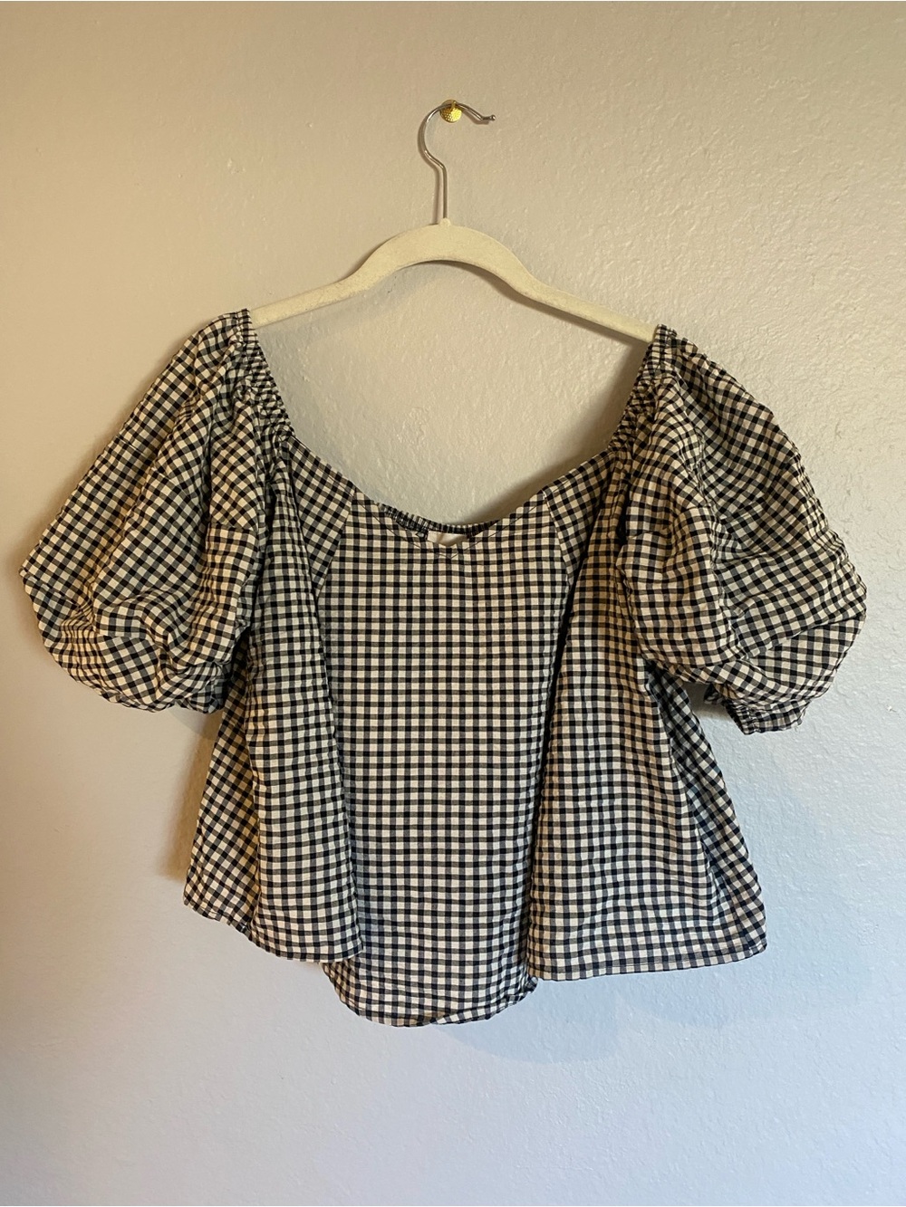 Anthropologie Maeve Black & White Gingham Off-the-Shoulder Puff Sleeve Top | XS